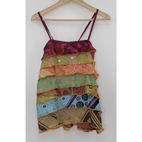 Silly Yeti 100% Silk Tiered Boho  Tie Back Sleeveless Blouse See Measurements - Picture 2 of 9